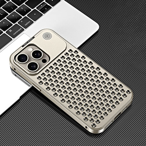 Funda Lujo Marco de Aluminio Carcasa 360 Grados QC3 para Apple iPhone 16 Pro Max Oro