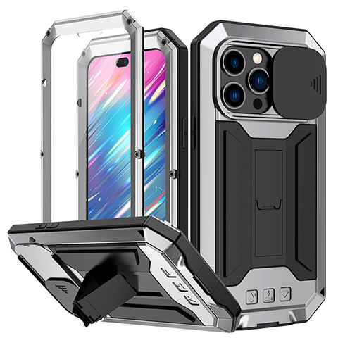 Funda Lujo Marco de Aluminio Carcasa 360 Grados RJ1 para Apple iPhone 15 Pro Max Plata