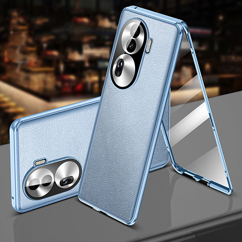 Funda Lujo Marco de Aluminio y Cuero Carcasa 360 Grados P01 para Oppo Reno11 Pro 5G Azul Cielo