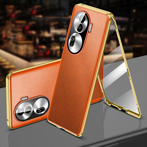 Funda Lujo Marco de Aluminio y Cuero Carcasa 360 Grados P01 para Oppo Reno11 Pro 5G Naranja