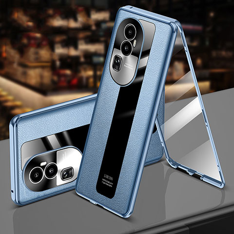 Funda Lujo Marco de Aluminio y Cuero Carcasa 360 Grados P02 para Oppo Reno10 Pro+ Plus 5G Azul