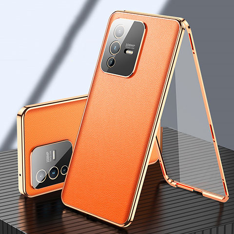 Funda Lujo Marco de Aluminio y Cuero Carcasa 360 Grados para Vivo V23 5G Naranja