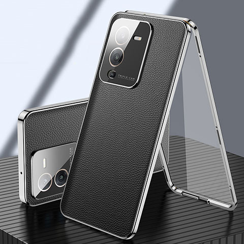 Funda Lujo Marco de Aluminio y Cuero Carcasa 360 Grados para Vivo V25 Pro 5G Negro