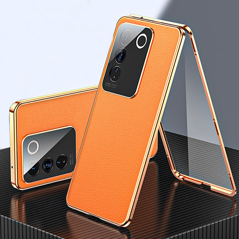 Funda Lujo Marco de Aluminio y Cuero Carcasa 360 Grados para Vivo V27e 5G Naranja