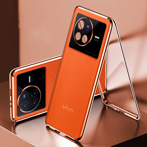 Funda Lujo Marco de Aluminio y Cuero Carcasa 360 Grados para Vivo X80 5G Naranja