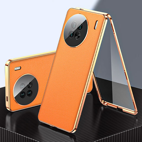 Funda Lujo Marco de Aluminio y Cuero Carcasa 360 Grados para Vivo X90 Pro+ Plus 5G Naranja