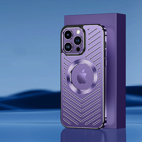 Funda Lujo Marco de Aluminio y Silicona Carcasa Bumper con Mag-Safe Magnetic AC1 para Apple iPhone 13 Pro Max Morado