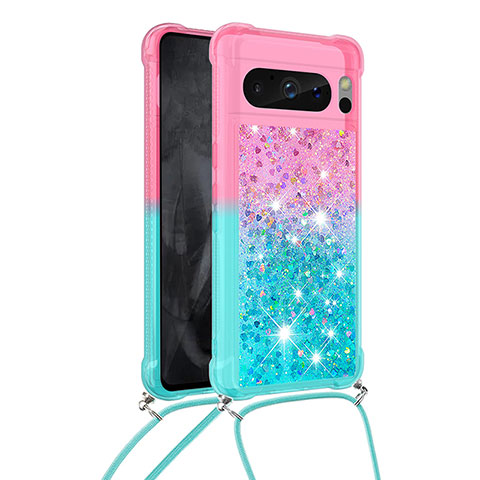 Funda Silicona Carcasa Goma Bling-Bling con Acollador Cordon Lanyard S01 para Google Pixel 8 Pro 5G Rosa