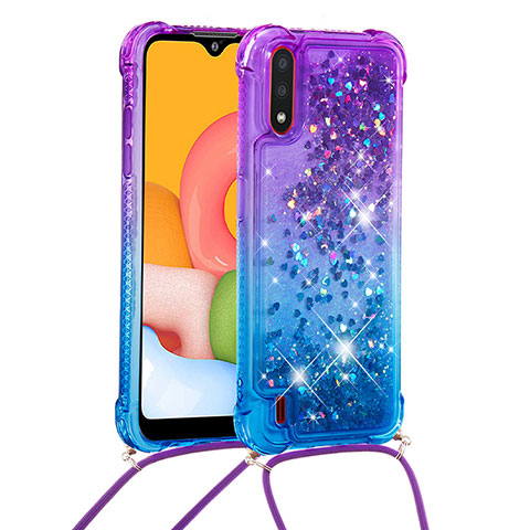 Funda Silicona Carcasa Goma Bling-Bling con Acollador Cordon Lanyard S01 para Samsung Galaxy A01 SM-A015 Morado