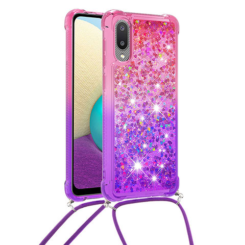 Funda Silicona Carcasa Goma Bling-Bling con Acollador Cordon Lanyard S01 para Samsung Galaxy A02 Rosa