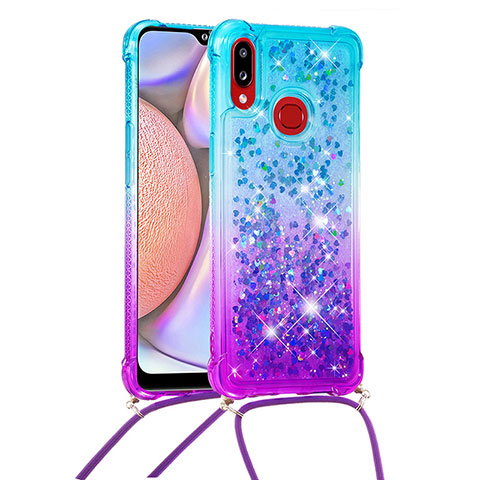 Funda Silicona Carcasa Goma Bling-Bling con Acollador Cordon Lanyard S01 para Samsung Galaxy A10s Azul Cielo