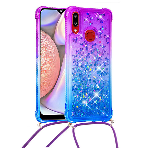 Funda Silicona Carcasa Goma Bling-Bling con Acollador Cordon Lanyard S01 para Samsung Galaxy A10s Morado