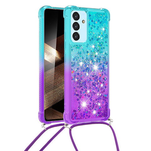 Funda Silicona Carcasa Goma Bling-Bling con Acollador Cordon Lanyard S01 para Samsung Galaxy A15 4G Azul Cielo