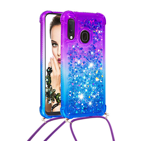 Funda Silicona Carcasa Goma Bling-Bling con Acollador Cordon Lanyard S01 para Samsung Galaxy A20e Morado