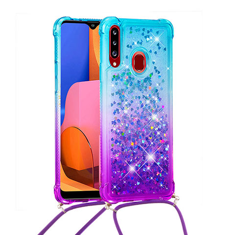 Funda Silicona Carcasa Goma Bling-Bling con Acollador Cordon Lanyard S01 para Samsung Galaxy A20s Azul Cielo