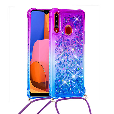 Funda Silicona Carcasa Goma Bling-Bling con Acollador Cordon Lanyard S01 para Samsung Galaxy A20s Morado