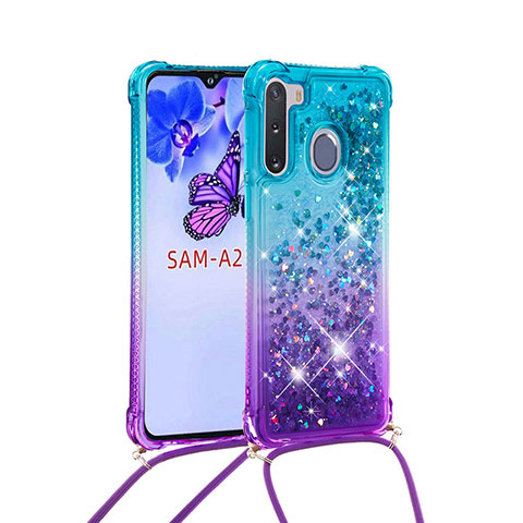 Funda Silicona Carcasa Goma Bling-Bling con Acollador Cordon Lanyard S01 para Samsung Galaxy A21 European Azul Cielo