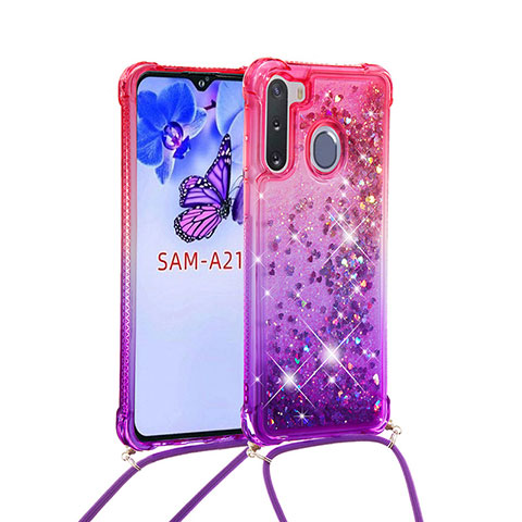 Funda Silicona Carcasa Goma Bling-Bling con Acollador Cordon Lanyard S01 para Samsung Galaxy A21 European Rosa Roja