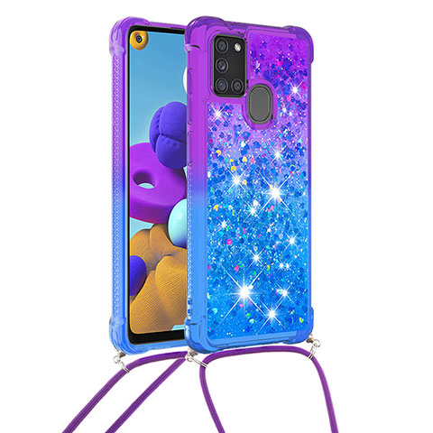 Funda Silicona Carcasa Goma Bling-Bling con Acollador Cordon Lanyard S01 para Samsung Galaxy A21s Morado