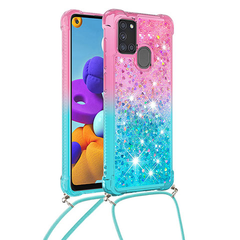 Funda Silicona Carcasa Goma Bling-Bling con Acollador Cordon Lanyard S01 para Samsung Galaxy A21s Rosa