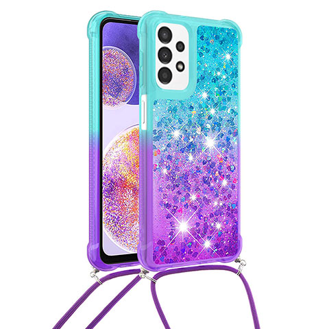 Funda Silicona Carcasa Goma Bling-Bling con Acollador Cordon Lanyard S01 para Samsung Galaxy A23 4G Azul Cielo