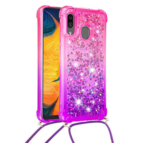 Funda Silicona Carcasa Goma Bling-Bling con Acollador Cordon Lanyard S01 para Samsung Galaxy A30 Rosa Roja