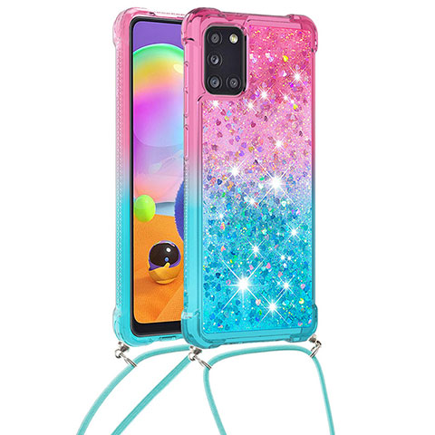 Funda Silicona Carcasa Goma Bling-Bling con Acollador Cordon Lanyard S01 para Samsung Galaxy A31 Rosa