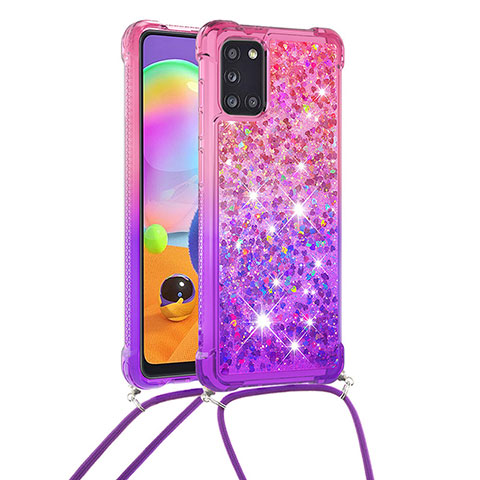 Funda Silicona Carcasa Goma Bling-Bling con Acollador Cordon Lanyard S01 para Samsung Galaxy A31 Rosa Roja