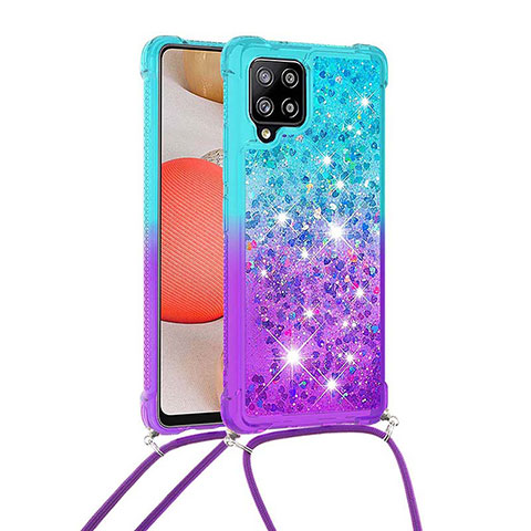 Funda Silicona Carcasa Goma Bling-Bling con Acollador Cordon Lanyard S01 para Samsung Galaxy A42 5G Azul Cielo