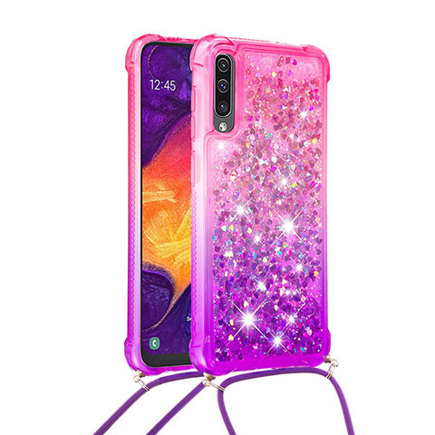 Funda Silicona Carcasa Goma Bling-Bling con Acollador Cordon Lanyard S01 para Samsung Galaxy A50 Rosa Roja