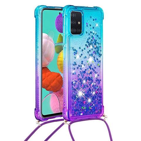 Funda Silicona Carcasa Goma Bling-Bling con Acollador Cordon Lanyard S01 para Samsung Galaxy A51 5G Azul Cielo