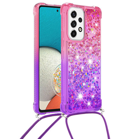 Funda Silicona Carcasa Goma Bling-Bling con Acollador Cordon Lanyard S01 para Samsung Galaxy A53 5G Rosa Roja