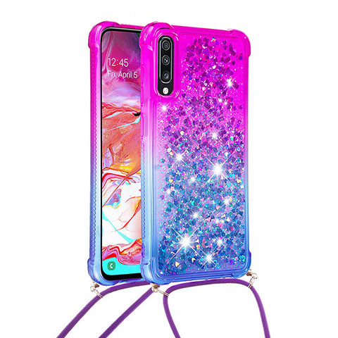 Funda Silicona Carcasa Goma Bling-Bling con Acollador Cordon Lanyard S01 para Samsung Galaxy A70 Morado