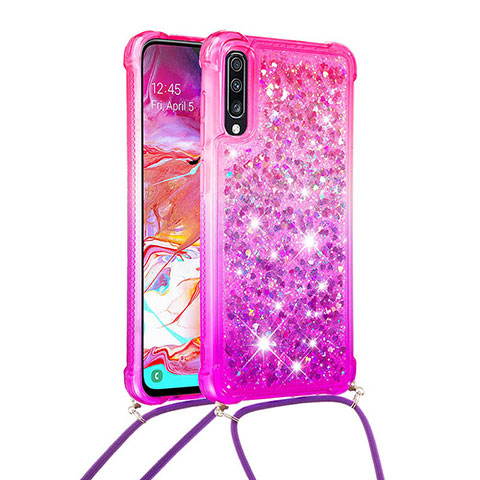 Funda Silicona Carcasa Goma Bling-Bling con Acollador Cordon Lanyard S01 para Samsung Galaxy A70 Rosa Roja