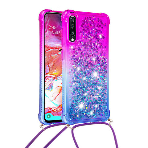 Funda Silicona Carcasa Goma Bling-Bling con Acollador Cordon Lanyard S01 para Samsung Galaxy A70S Morado