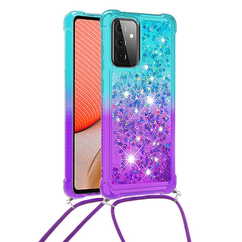 Funda Silicona Carcasa Goma Bling-Bling con Acollador Cordon Lanyard S01 para Samsung Galaxy A72 4G Azul Cielo