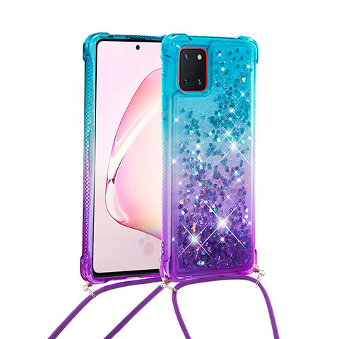 Funda Silicona Carcasa Goma Bling-Bling con Acollador Cordon Lanyard S01 para Samsung Galaxy A81 Azul Cielo