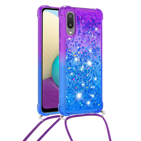 Funda Silicona Carcasa Goma Bling-Bling con Acollador Cordon Lanyard S01 para Samsung Galaxy M02 Morado