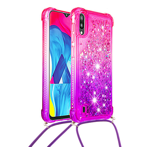 Funda Silicona Carcasa Goma Bling-Bling con Acollador Cordon Lanyard S01 para Samsung Galaxy M10 Rosa Roja