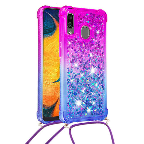 Funda Silicona Carcasa Goma Bling-Bling con Acollador Cordon Lanyard S01 para Samsung Galaxy M10S Morado