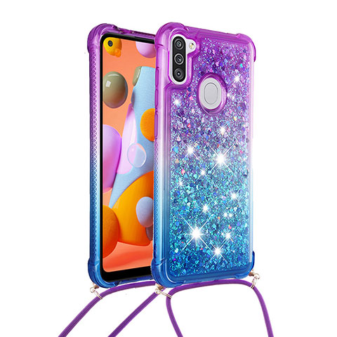 Funda Silicona Carcasa Goma Bling-Bling con Acollador Cordon Lanyard S01 para Samsung Galaxy M11 Morado