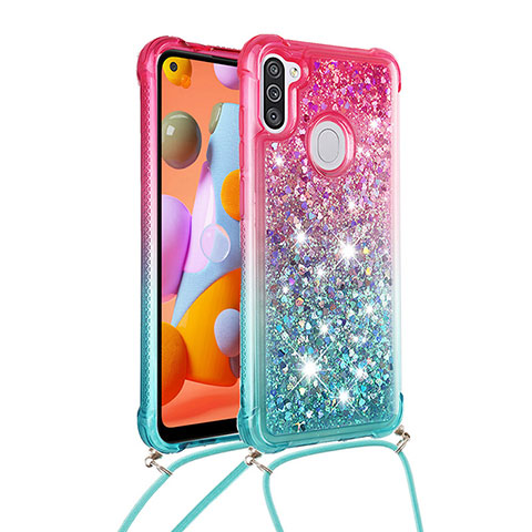 Funda Silicona Carcasa Goma Bling-Bling con Acollador Cordon Lanyard S01 para Samsung Galaxy M11 Rosa