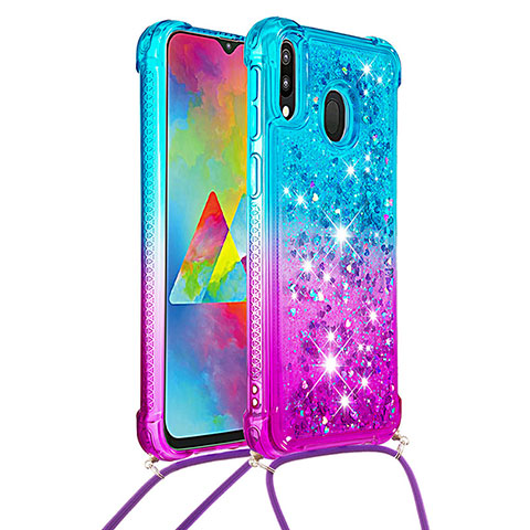 Funda Silicona Carcasa Goma Bling-Bling con Acollador Cordon Lanyard S01 para Samsung Galaxy M20 Azul Cielo