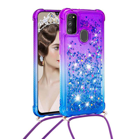 Funda Silicona Carcasa Goma Bling-Bling con Acollador Cordon Lanyard S01 para Samsung Galaxy M21 Morado