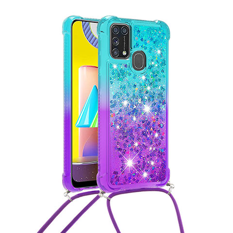 Funda Silicona Carcasa Goma Bling-Bling con Acollador Cordon Lanyard S01 para Samsung Galaxy M21s Azul Cielo