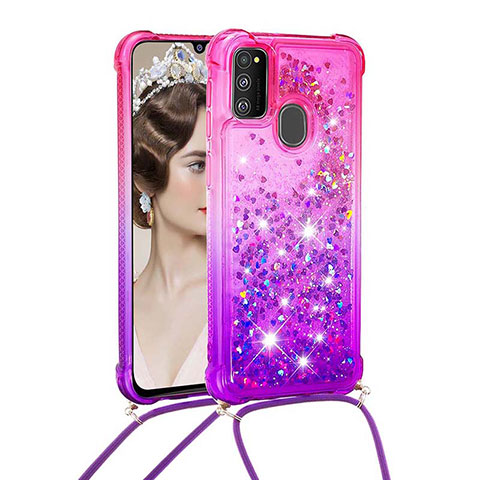 Funda Silicona Carcasa Goma Bling-Bling con Acollador Cordon Lanyard S01 para Samsung Galaxy M30s Rosa Roja