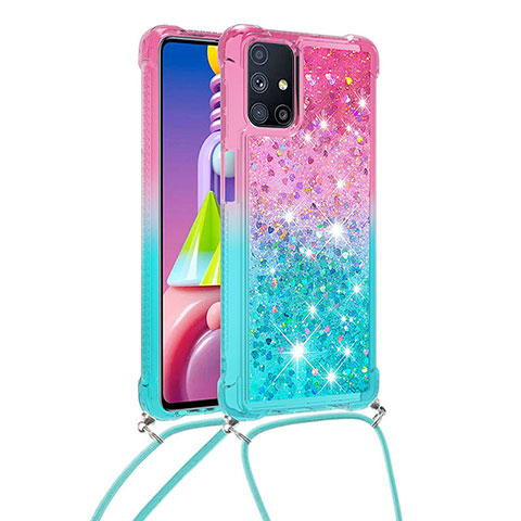 Funda Silicona Carcasa Goma Bling-Bling con Acollador Cordon Lanyard S01 para Samsung Galaxy M51 Rosa