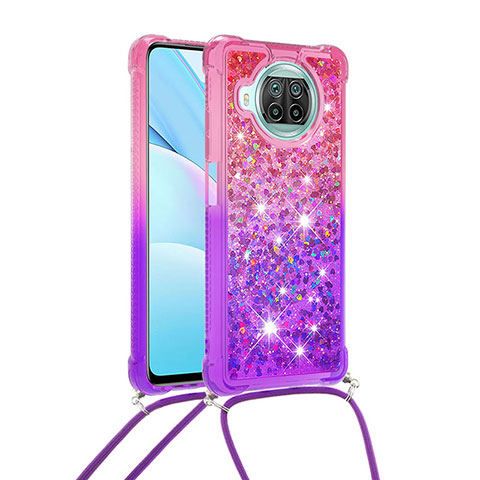 Funda Silicona Carcasa Goma Bling-Bling con Acollador Cordon Lanyard S01 para Xiaomi Mi 10i 5G Rosa Roja