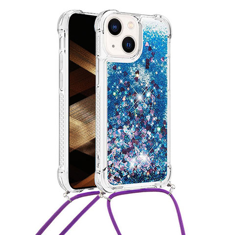 Funda Silicona Carcasa Goma Bling-Bling con Acollador Cordon Lanyard S02 para Apple iPhone 13 Azul