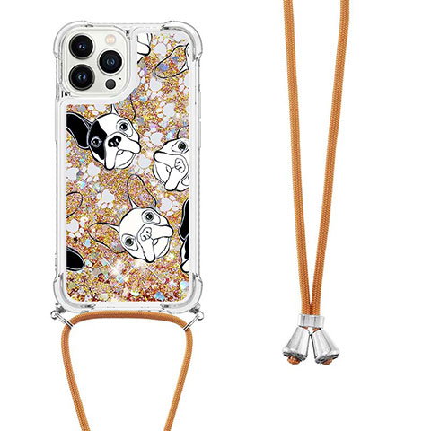 Funda Silicona Carcasa Goma Bling-Bling con Acollador Cordon Lanyard S02 para Apple iPhone 13 Pro Oro